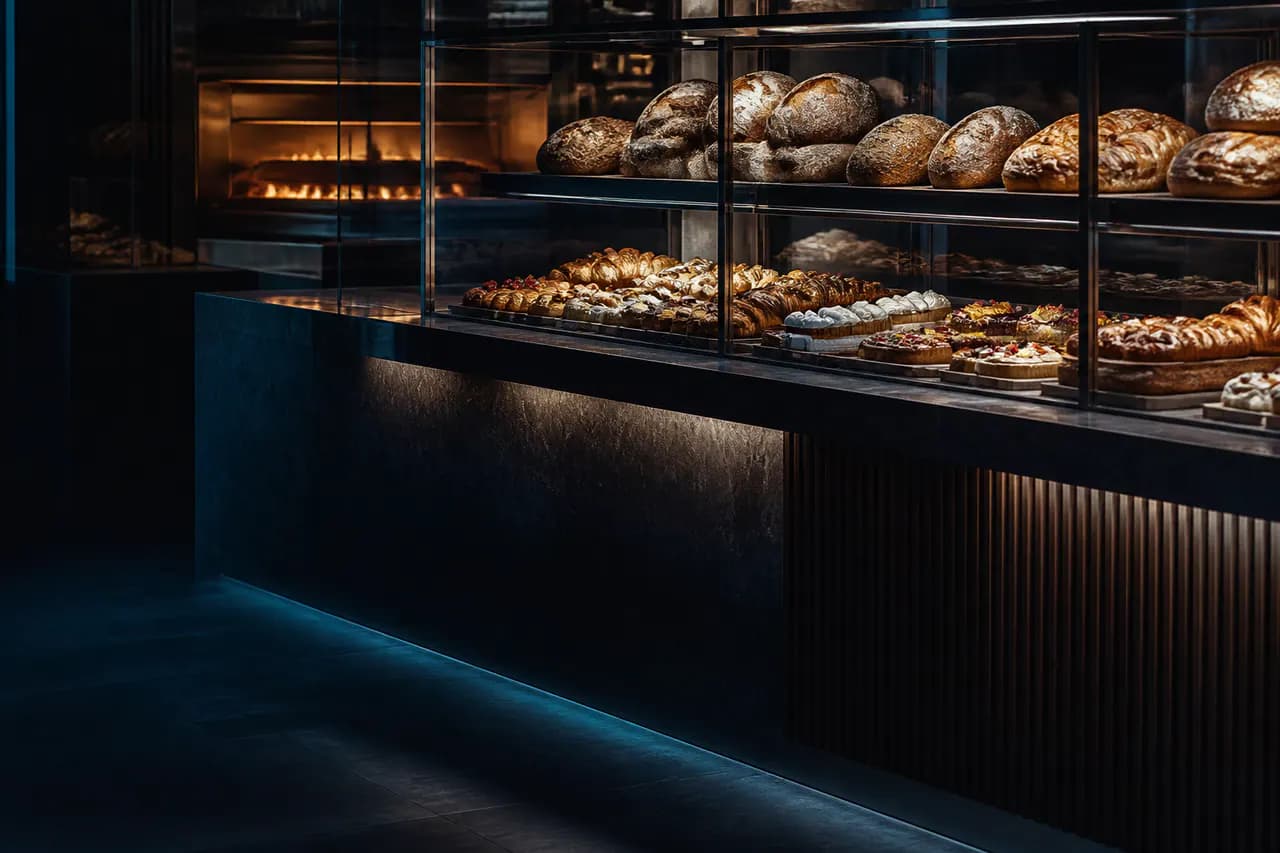 Premium bakery display filled with artisan bread and pastries.