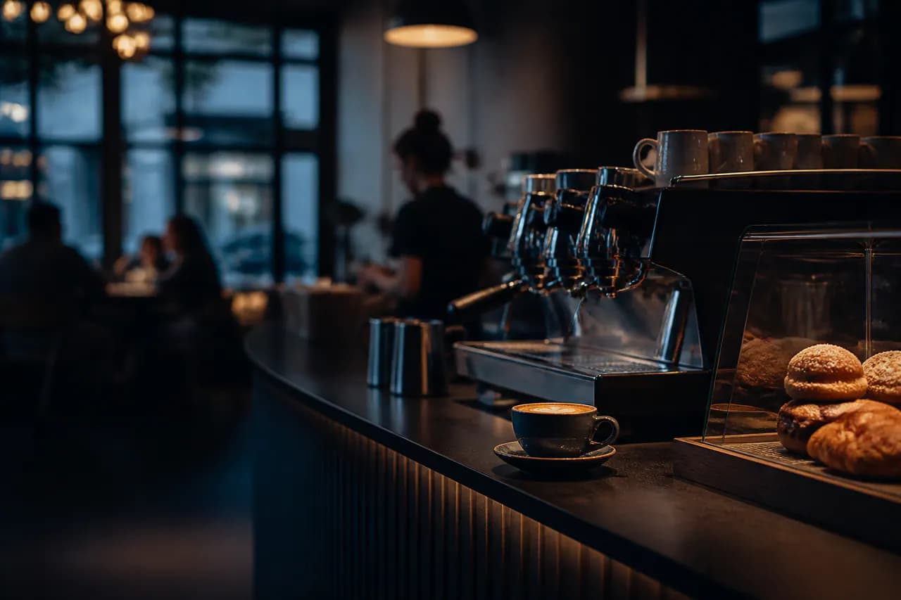 Modern café counter with an espresso machine and pastries.