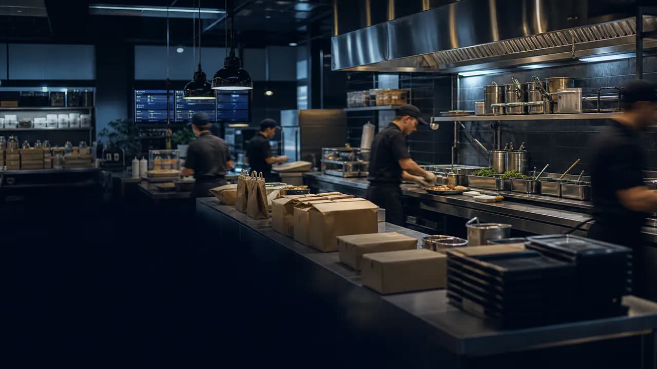 Organized cloud kitchen with chefs preparing digital orders.