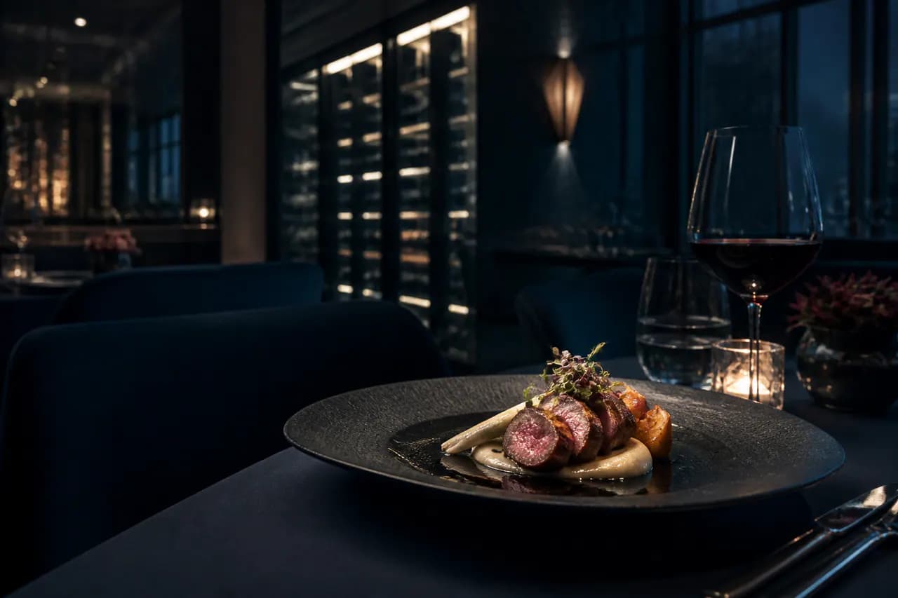 Elegant fine dining table with a plated dish in a dark restaurant.