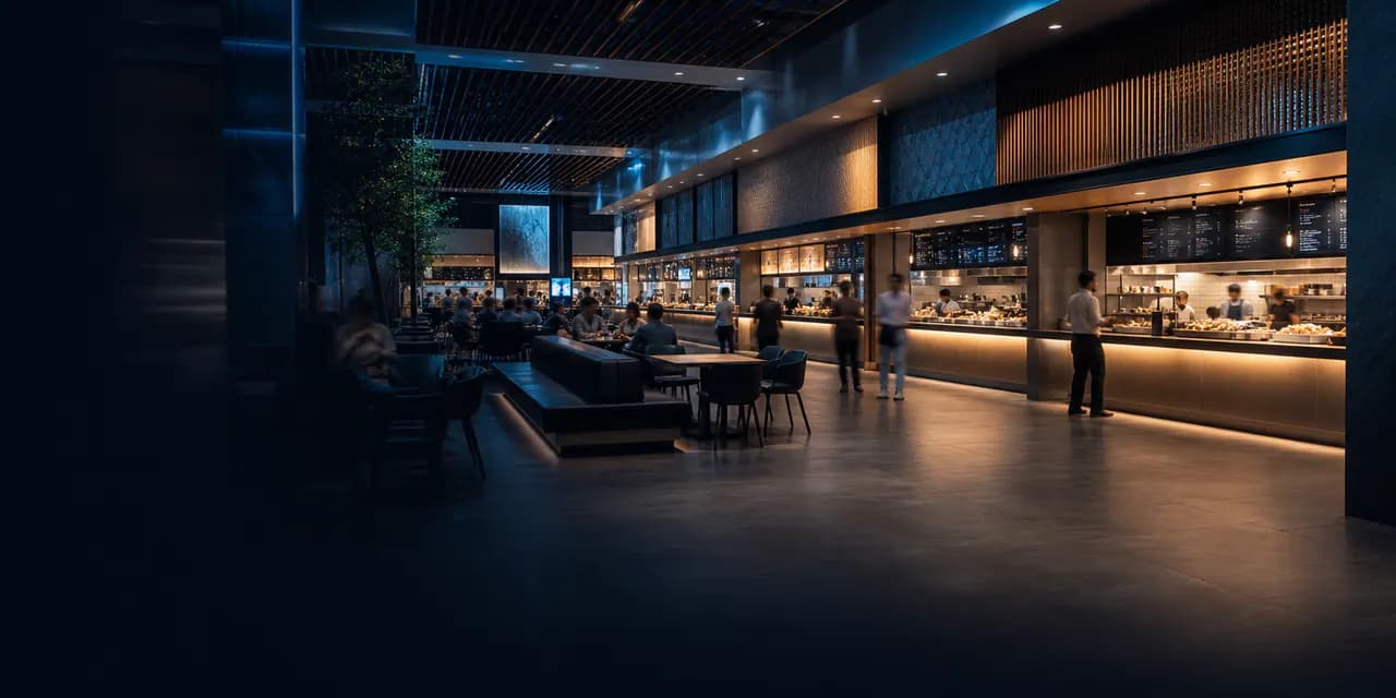 Upscale food court with multiple counters and shared seating.