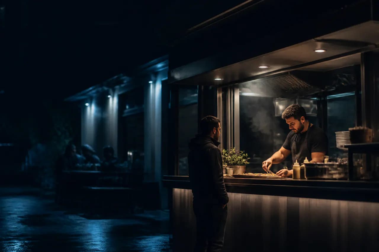 Modern street-food stall serving a guest at night.